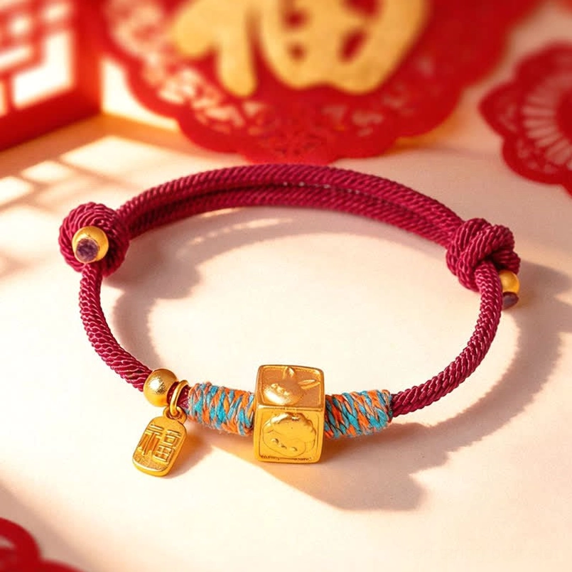 handmade Chinese zodiac red string bracelet adjustable sizing and closure detail