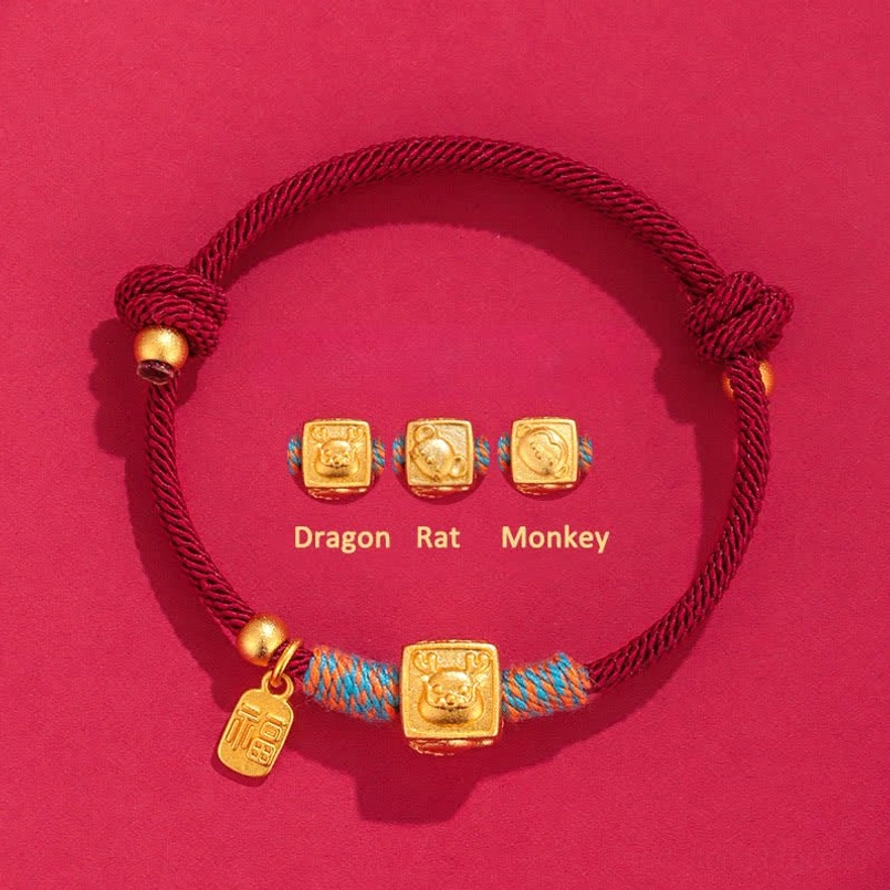 Dragon Rat Monkey red string protection bracelet with gold zodiac metal charms