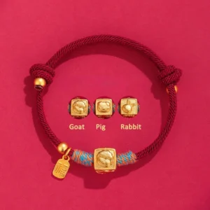 Goat Pig Rabbit red string protection bracelet with gold zodiac charms and fu pendant