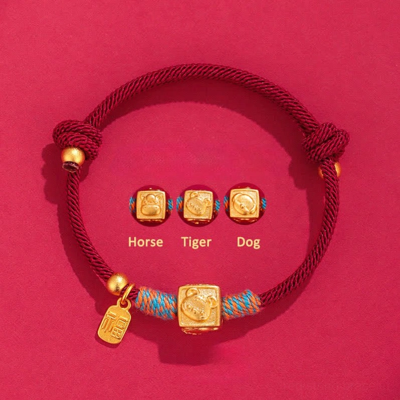 handmade red string zodiac lucky bracelet featuring Horse Tiger Dog three harmonies charm