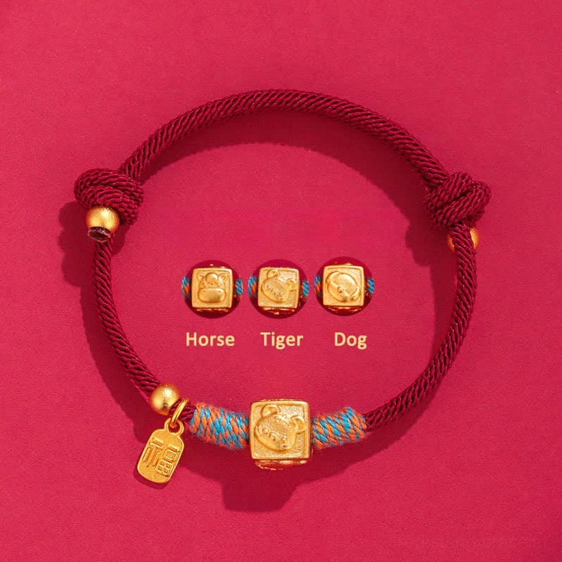 Horse Tiger Dog red string protection bracelet with gold metal charms and woven detail
