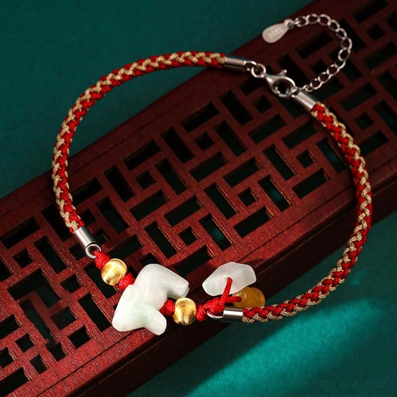 Zodiac red string bracelet with mixed jade charms and adjustable metal clasp