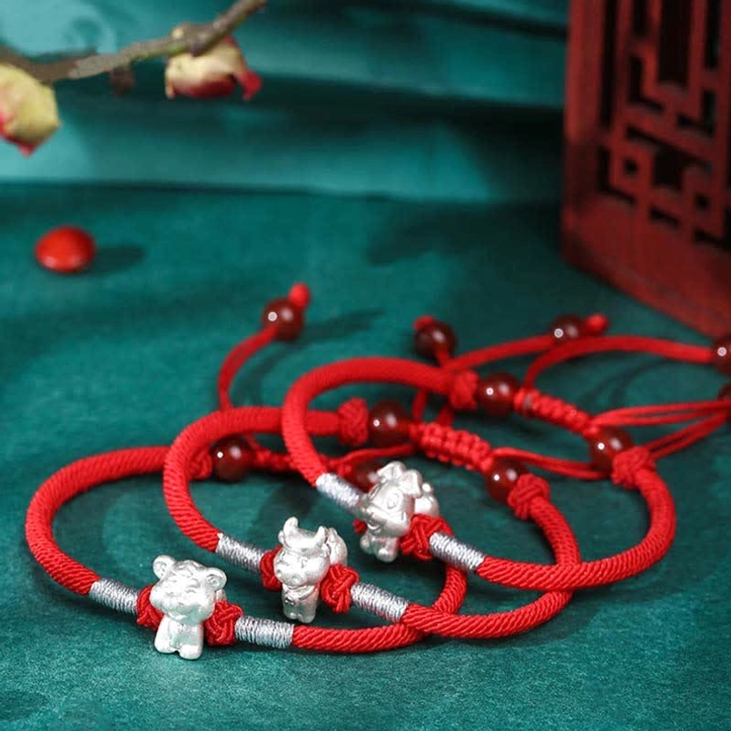 Chinese zodiac 999 sterling silver red string bracelet with adjustable bead tassel