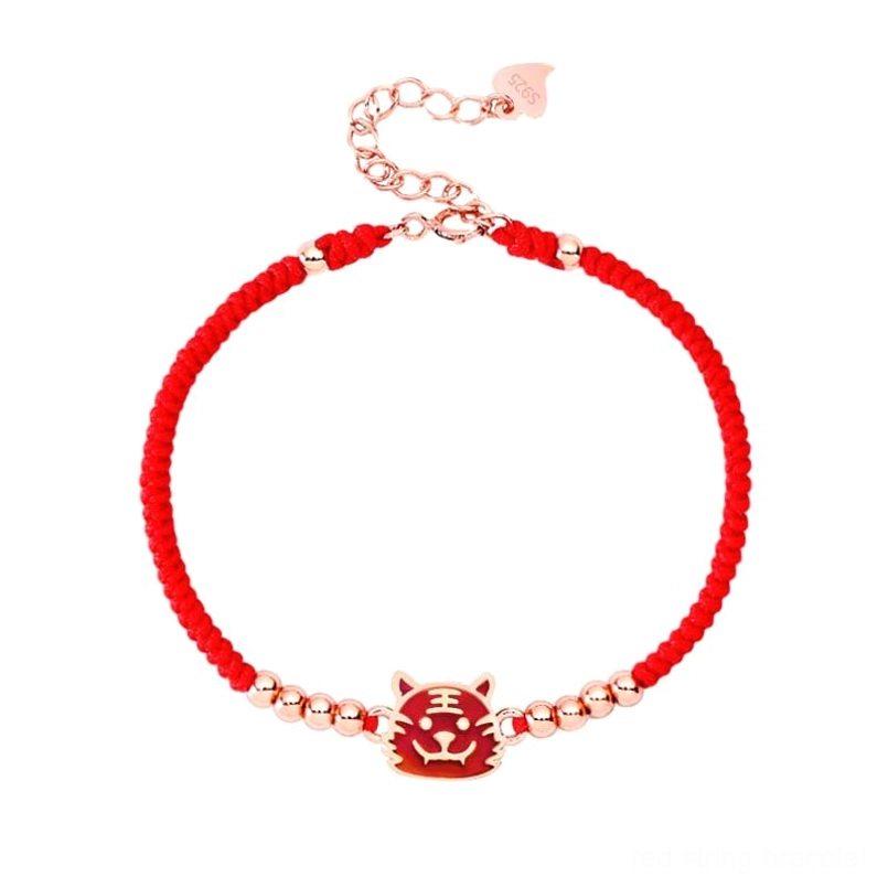 Chinese zodiac tiger red string bracelet adjustable extension chain white background