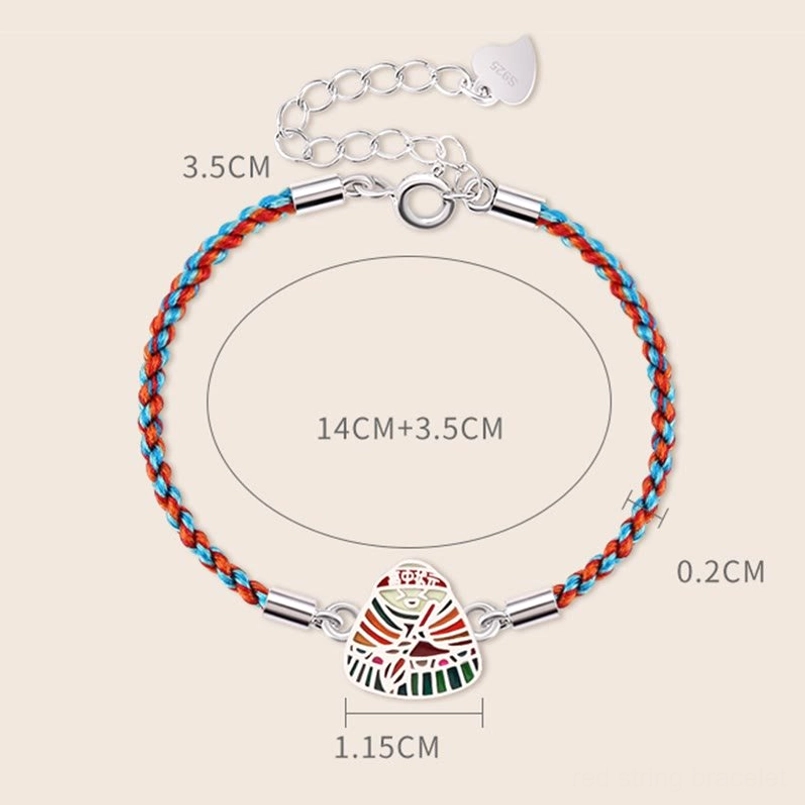 Dimension annotation view of zongzi charm red string bracelet showing 14cm+3.5cm size